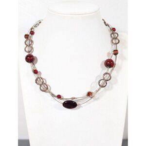Chicos Copper Tone Red Glass Multi Wire Necklace Boho Coastal Chic 20"